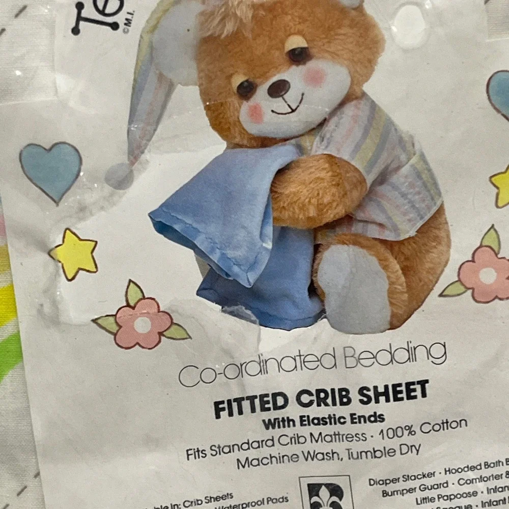 Teddy Beddy Bear Vintage Fitted Crib Sheet 100% Cotton Pastel Rainbow 80s Riegel